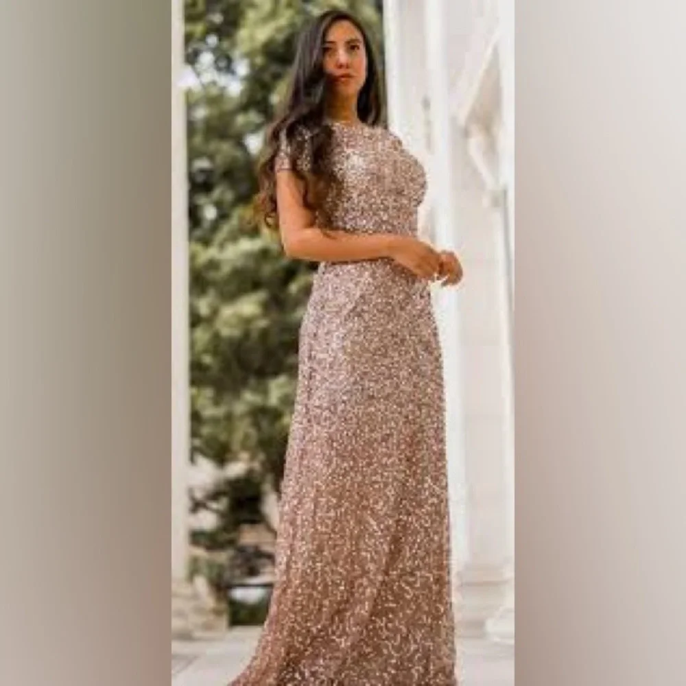 Anthropologie BHLDN Adrianna Papell Lucent Elegant Gold Sequin Evening G…